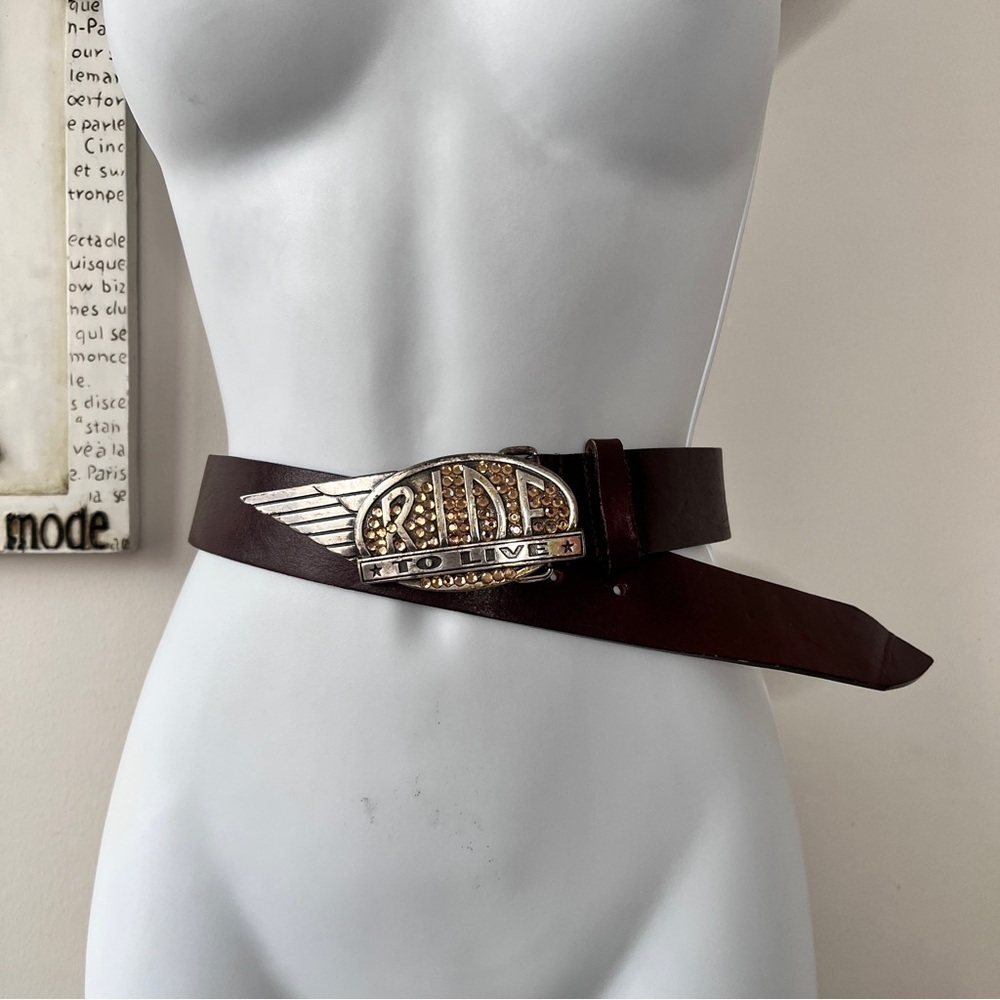Streets Ahead Ride To Live Western Y2K Rhinestone Biker Leather Belt Size S